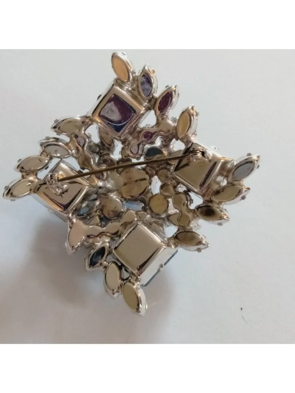 Vintage Blue Rhinestone Brooch Frosted Glass Elegant Statement MCM